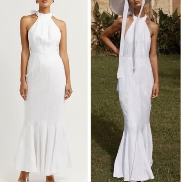 NWT Dissh Aisle White Linen High Neck Maxi Dress Gown Halter White Classic - Picture 2 of 11